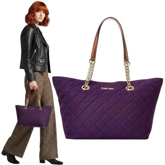 Calvin Klein Quilted Tote Bag Purple Chain Leather Handles Gold Hardware Preppy - Picture 1 of 14